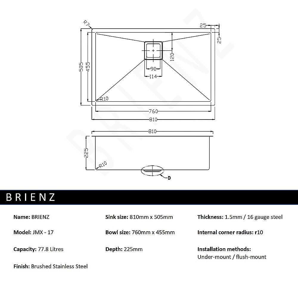 810x505mm Handmade 1.5mm Stainless Steel Kitchen Sink with Waste and Grid