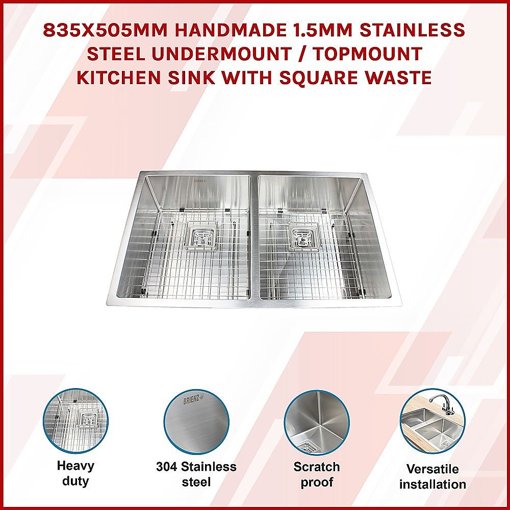 835x505mm Handmade 1.5mm Stainless Steel Kitchen Sink with Waste and Grid