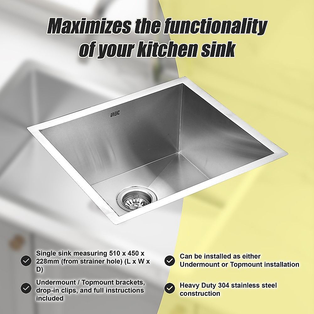 510x450mm Handmade 1mm 20 Gauge Stainless Steel Kitchen Laundry Sink with Waste