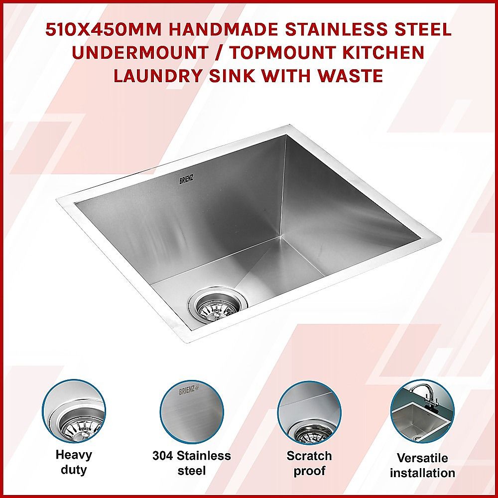510x450mm Handmade 1mm 20 Gauge Stainless Steel Kitchen Laundry Sink with Waste