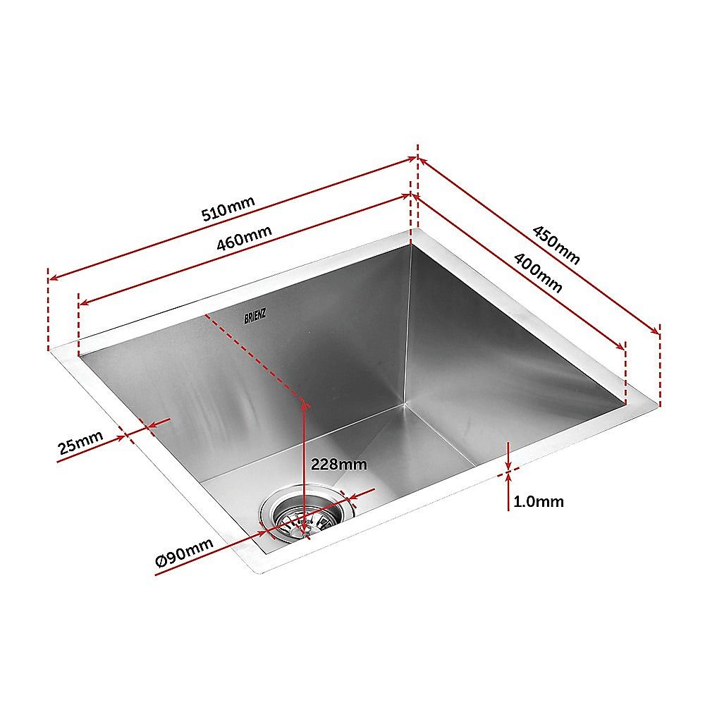 510x450mm Handmade 1mm 20 Gauge Stainless Steel Kitchen Laundry Sink with Waste