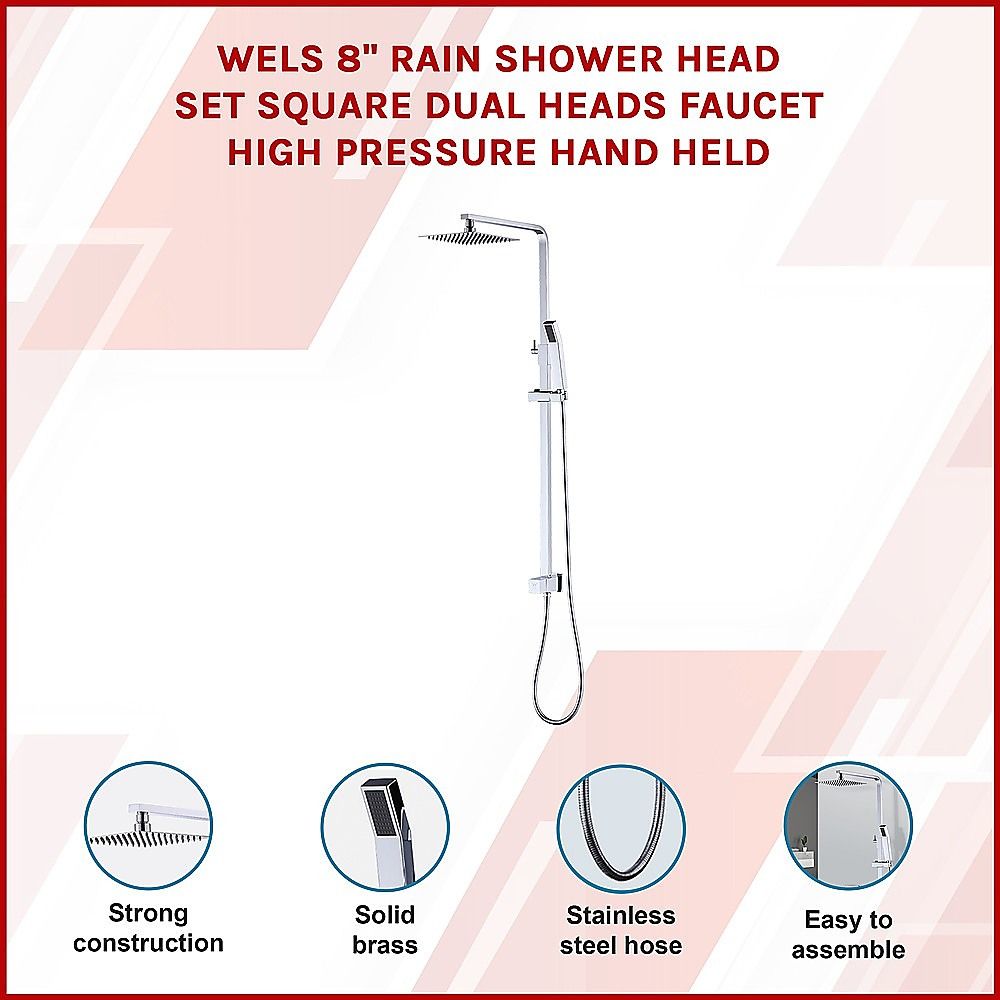 WELS 8" High-Pressure Square Dual Head Rain Shower Set with Handheld Sprayer