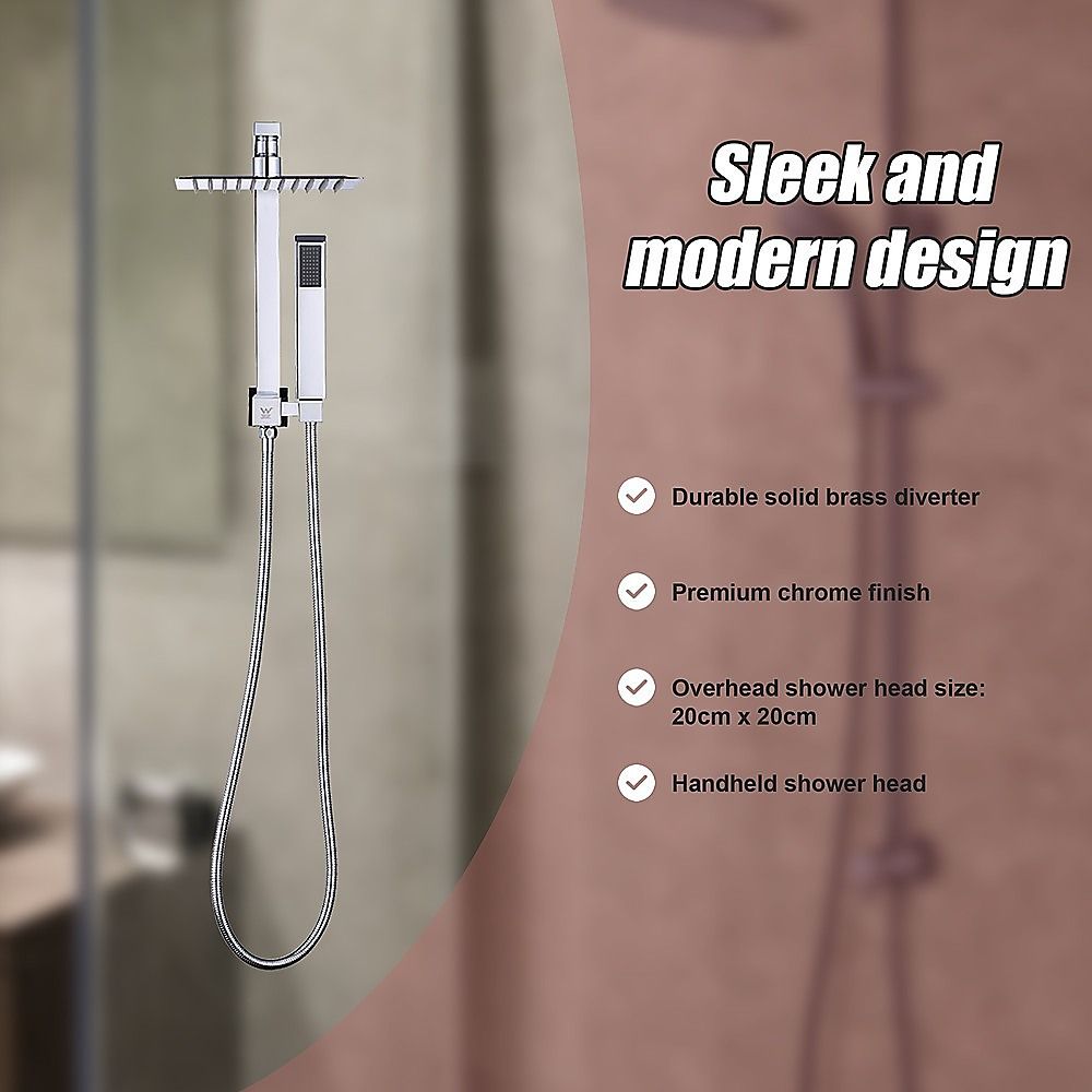 WELS 8" Square Rain Shower Head Set - Dual High-Pressure Handheld Faucet