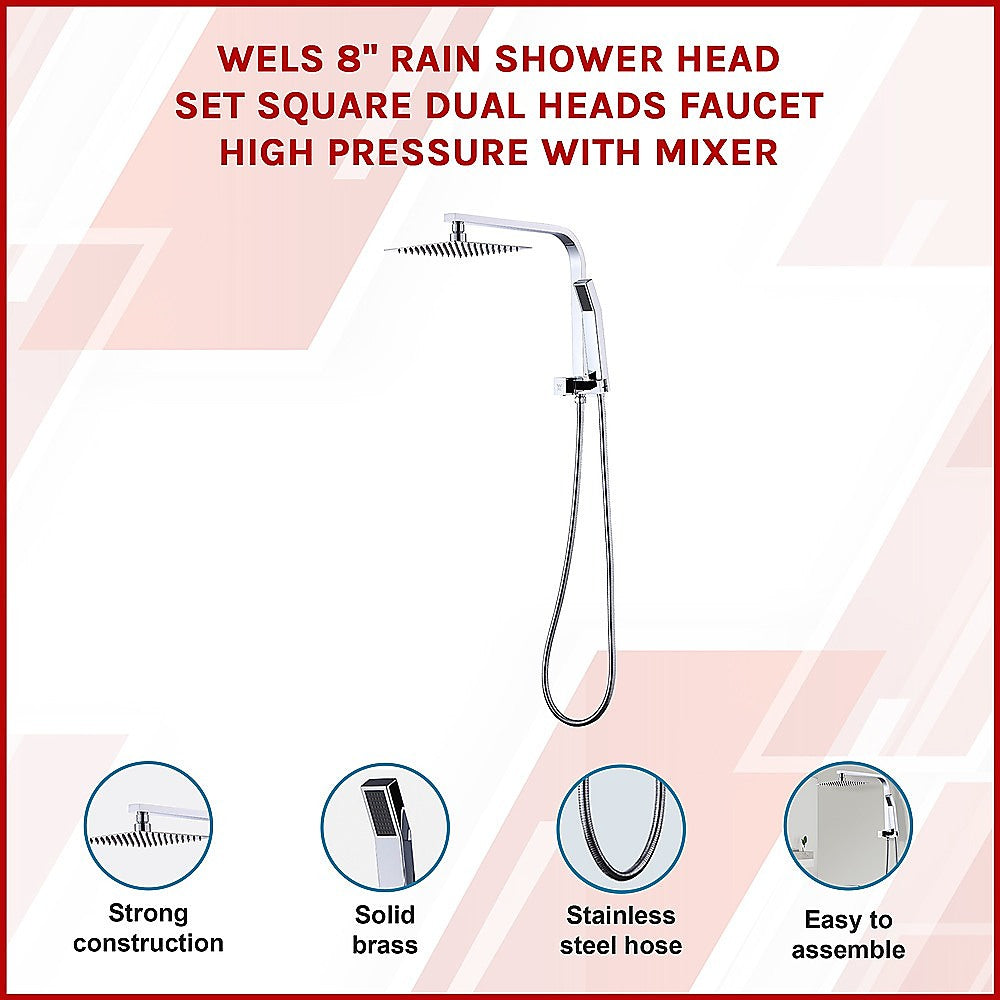 WELS 8" Square Rain Shower Head Set - Dual High-Pressure Handheld Faucet
