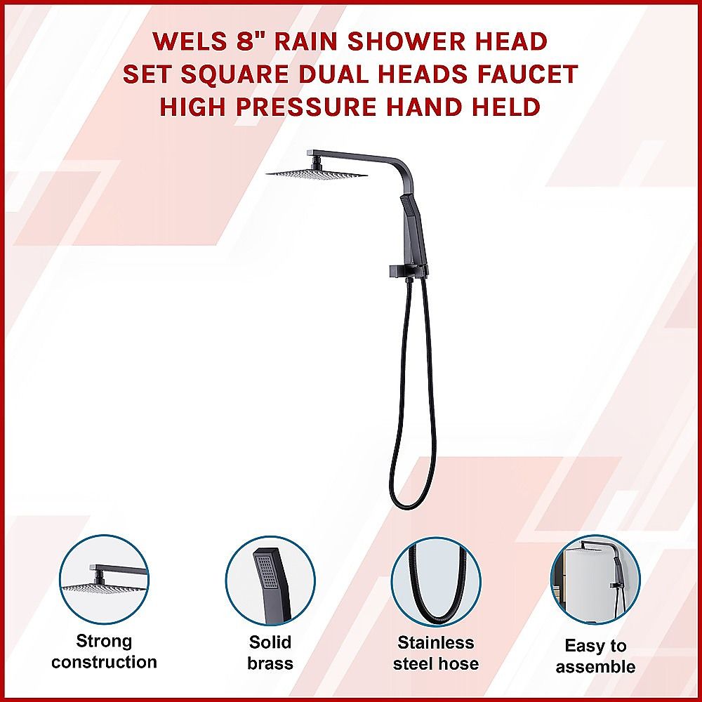WELS 8" High-Pressure Square Dual Head Rain Shower Set with Handheld Faucet
