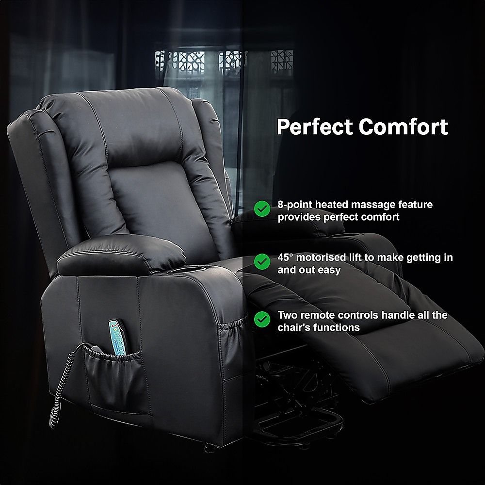 Recliner Chair – Electric Massage Lift Chair with Heat Function PU Leather Lounge Sofa Black