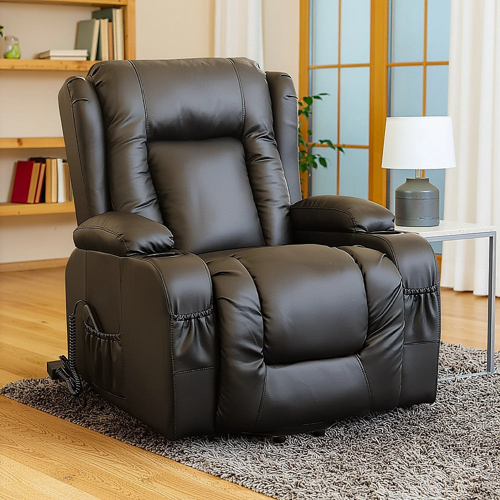 Electric Recliner Massage Chair with Lift and Heat – Black Leather Lounge Sofa