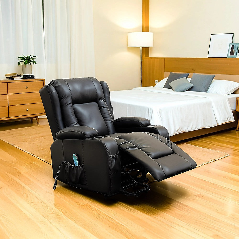Electric Recliner Massage Chair with Lift and Heat – Black Leather Lounge Sofa