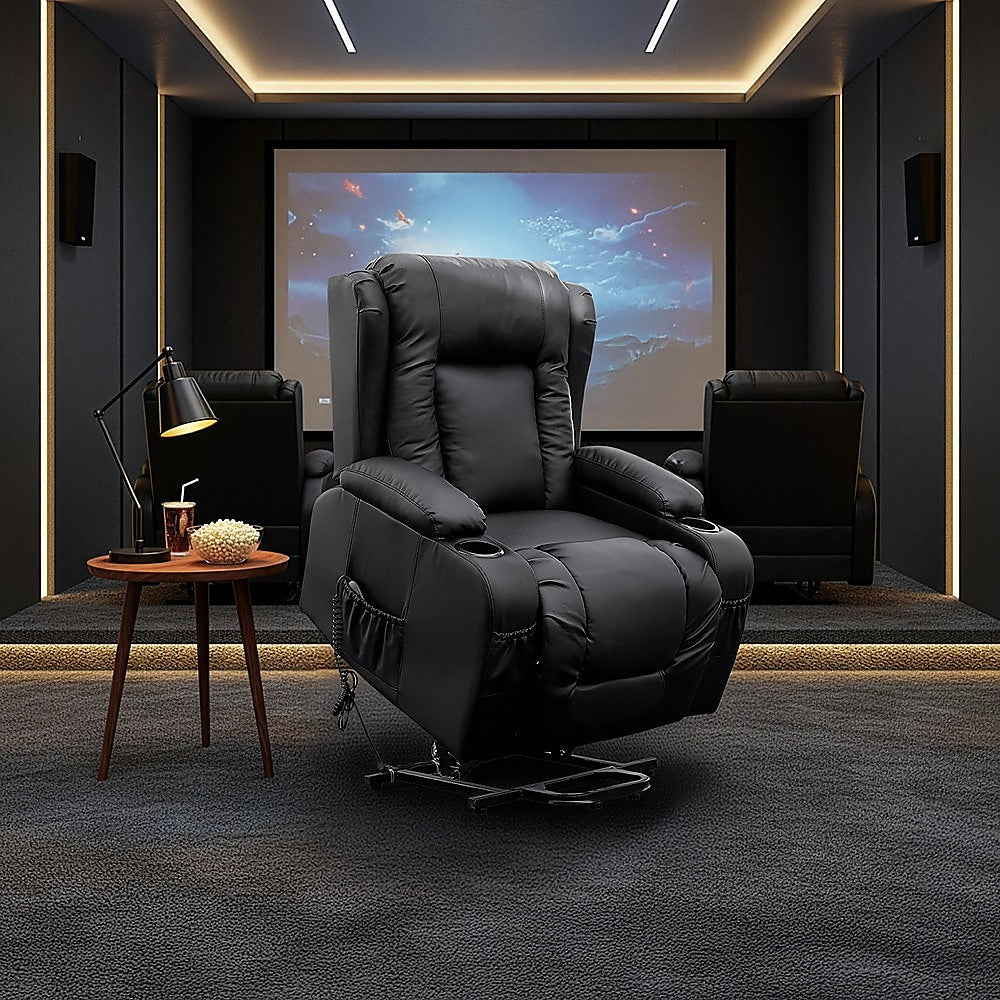 Electric Recliner Massage Chair with Lift and Heat – Black Leather Lounge Sofa