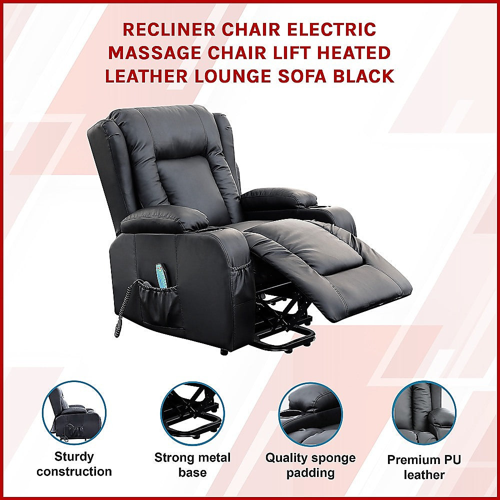 Electric Recliner Massage Chair with Lift and Heat – Black Leather Lounge Sofa