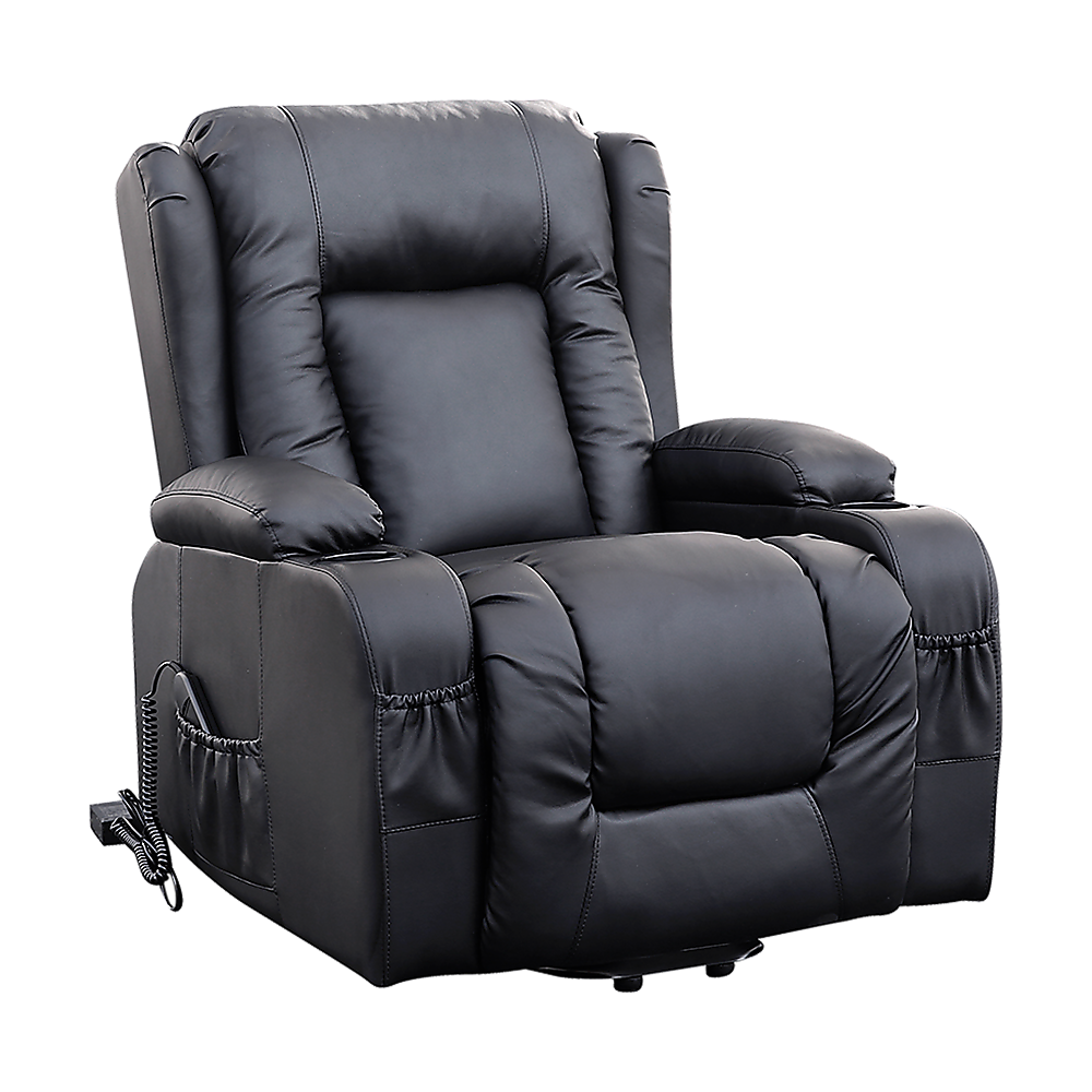 Electric Recliner Massage Chair with Lift and Heat – Black Leather Lounge Sofa
