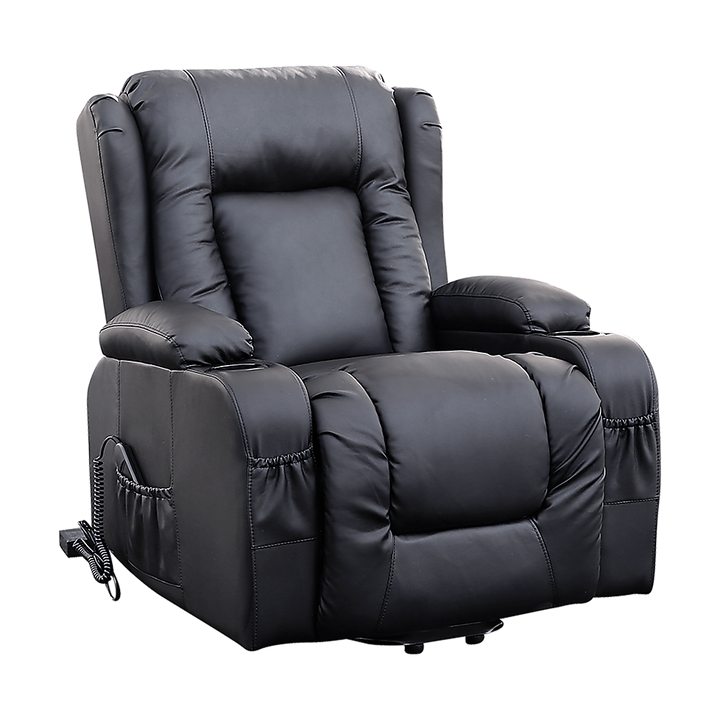 Electric Recliner Massage Chair with Lift and Heat – Black Leather Lounge Sofa