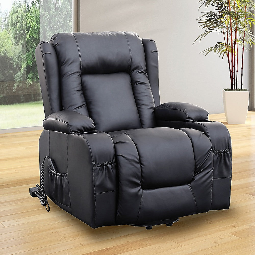 Electric Recliner Massage Chair with Lift and Heat – Black Leather Lounge Sofa