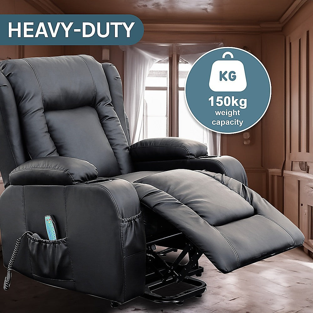 Electric Recliner Massage Chair with Lift and Heat – Black Leather Lounge Sofa