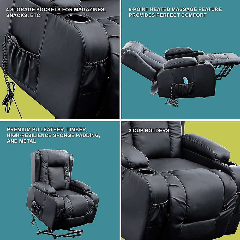 Electric Recliner Massage Chair with Lift and Heat – Black Leather Lounge Sofa