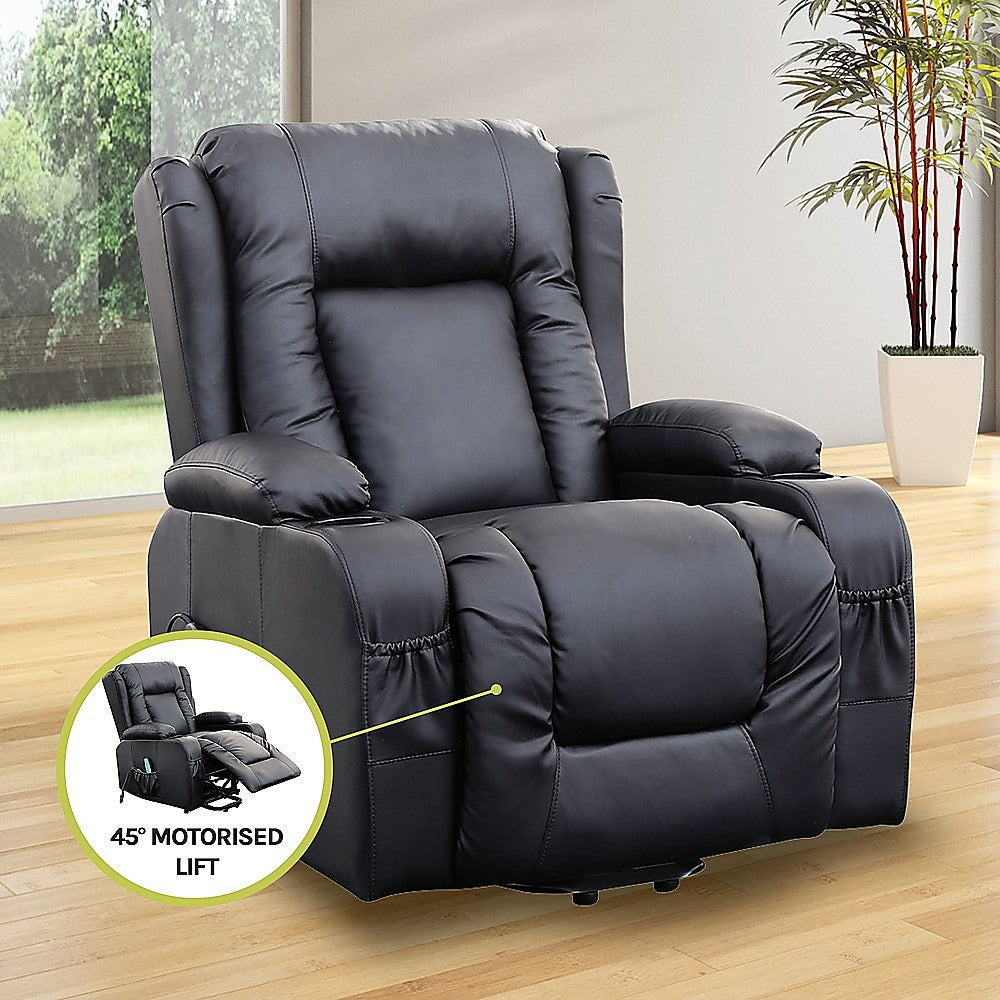Electric Recliner Massage Chair with Lift and Heat – Black Leather Lounge Sofa