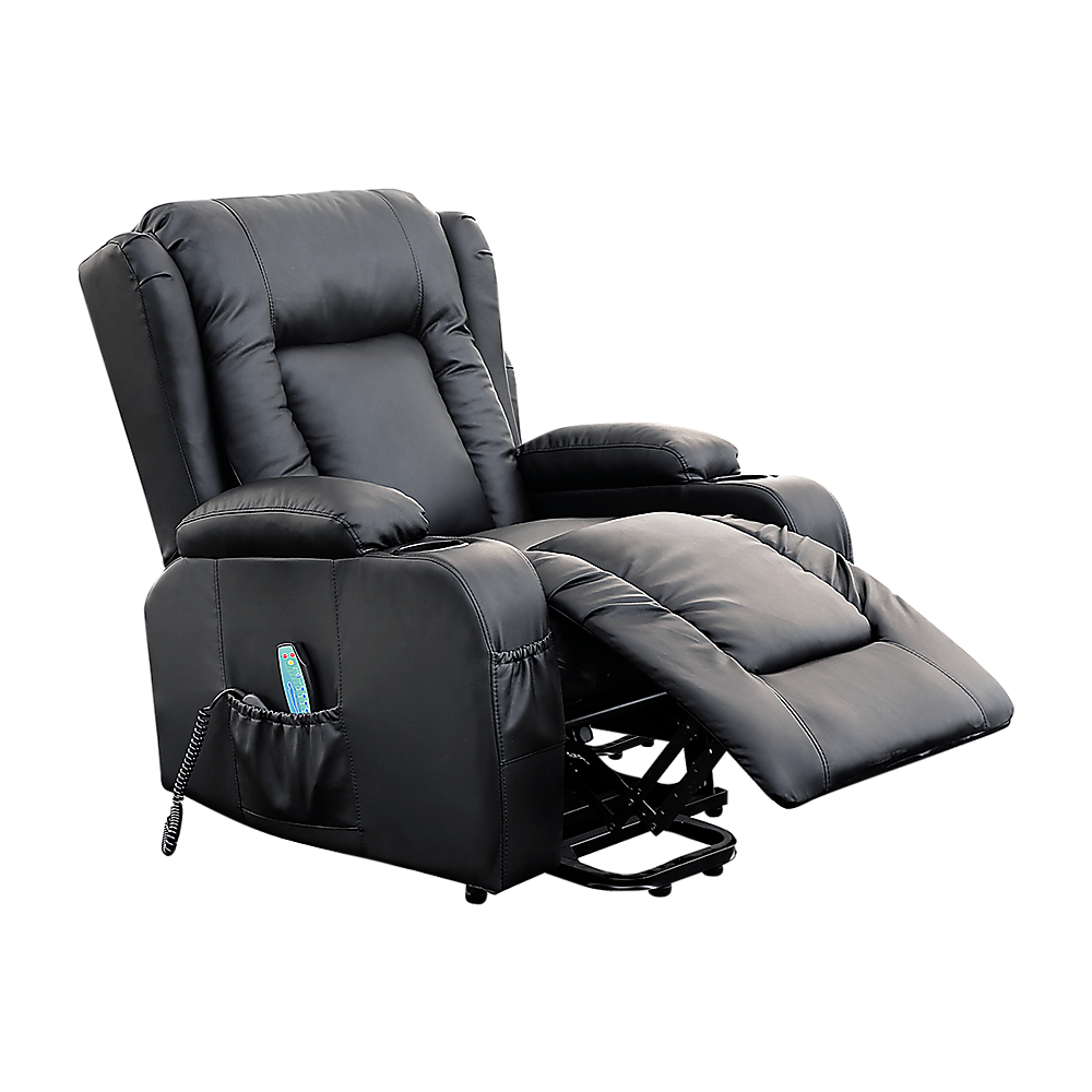 Electric Recliner Massage Chair with Lift and Heat – Black Leather Lounge Sofa
