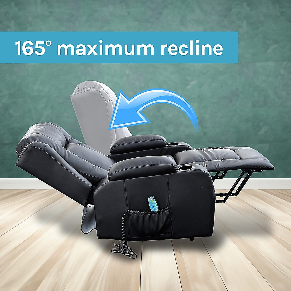 Electric Recliner Massage Chair with Lift and Heat – Black Leather Lounge Sofa