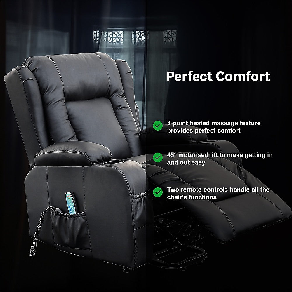 Electric Recliner Massage Chair with Lift and Heat – Black Leather Lounge Sofa