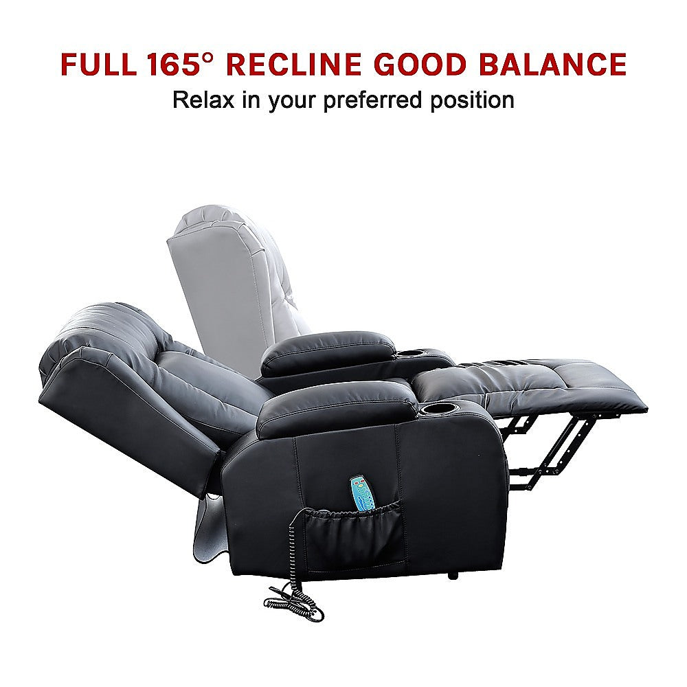 Electric Recliner Massage Chair with Lift and Heat – Black Leather Lounge Sofa