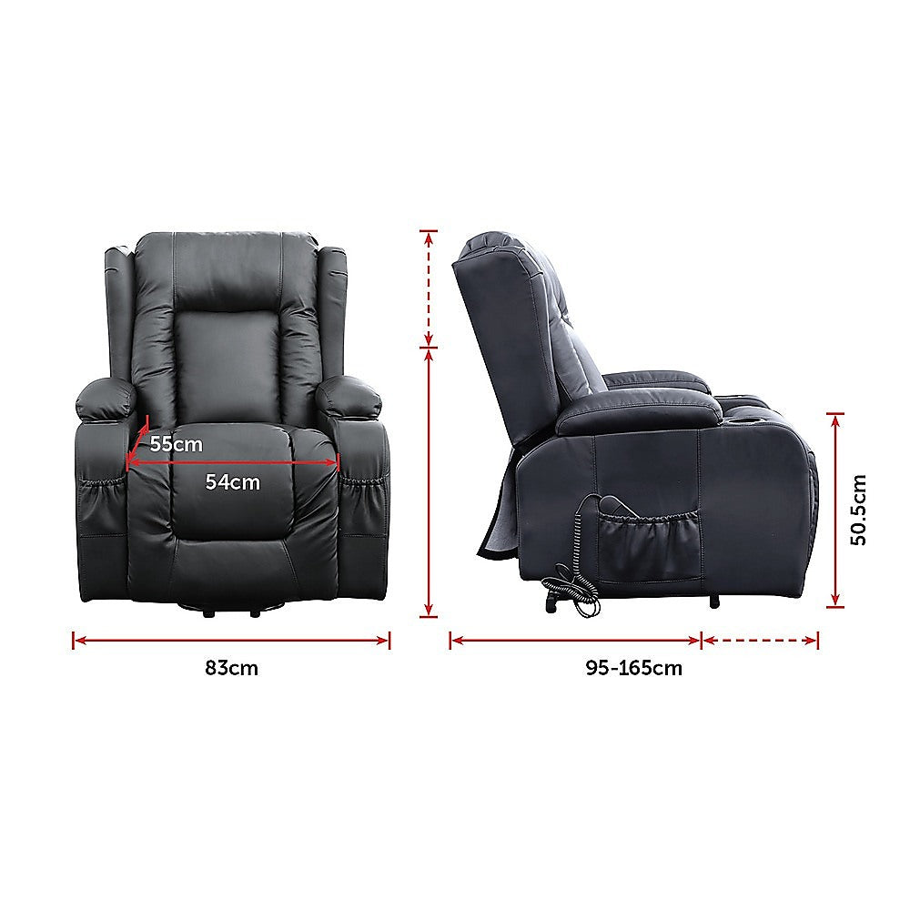Electric Recliner Massage Chair with Lift and Heat – Black Leather Lounge Sofa