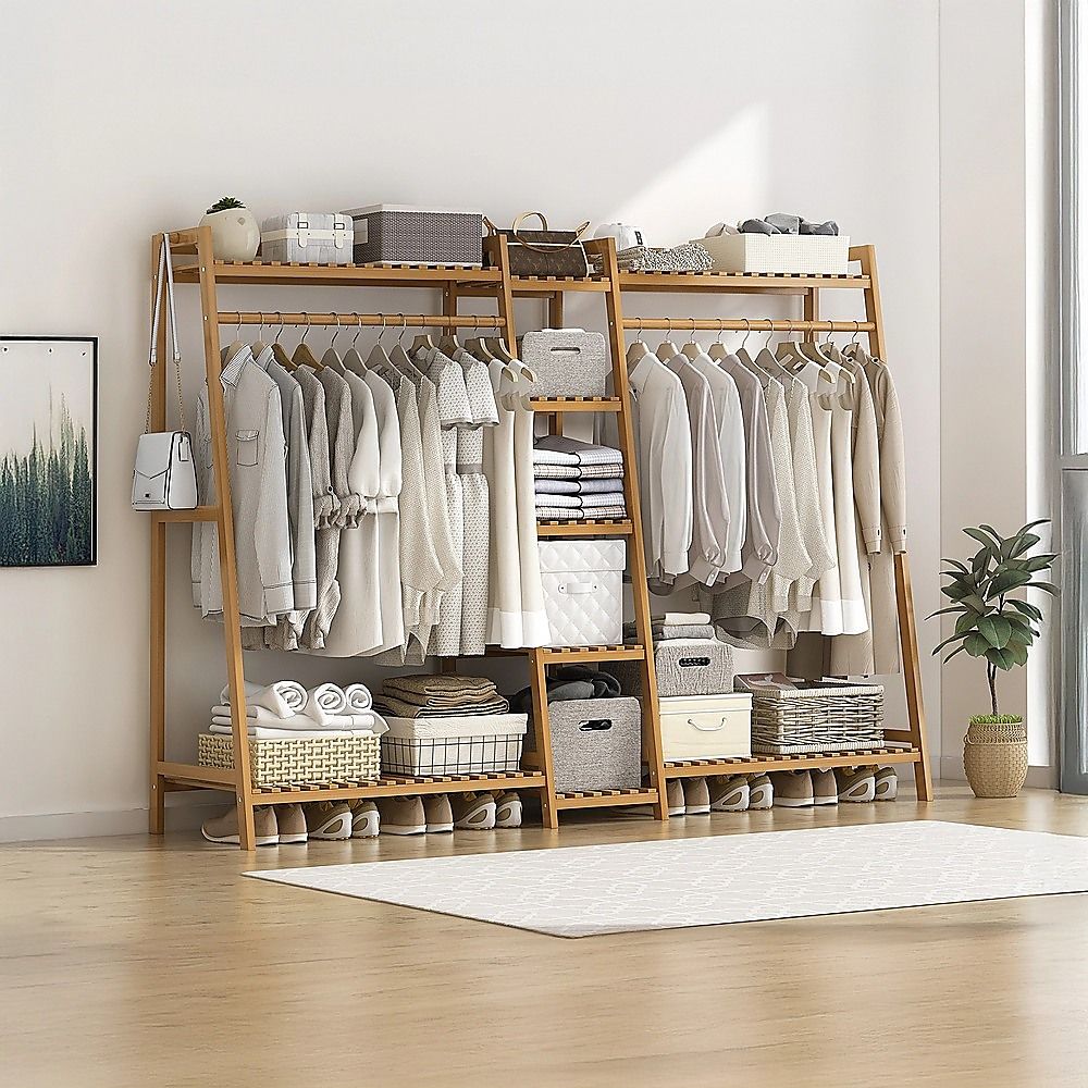 Portable Clothes Rack Coat Garment Stand Bamboo Rail Hanger Airer Closet