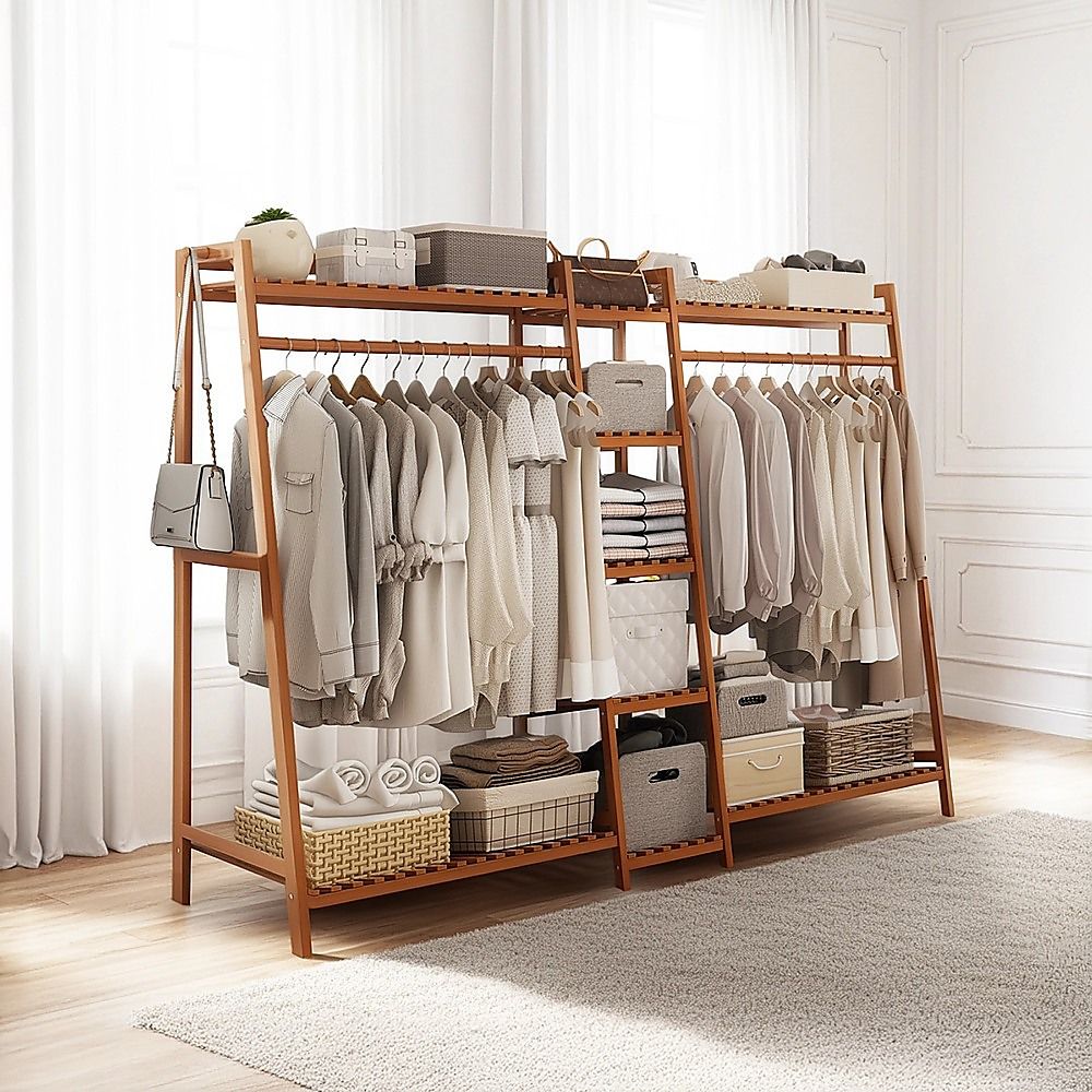 Portable Clothes Rack Coat Garment Stand Bamboo Rail Hanger Airer Closet