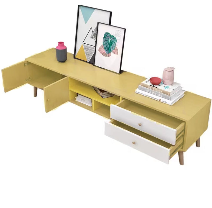 Wooden TV Cabinet with Two Doors and Two Drawers: "Elegant wooden TV cabinet with two doors and twin drawers, offering stylish storage and a spacious top surface for your entertainment area."