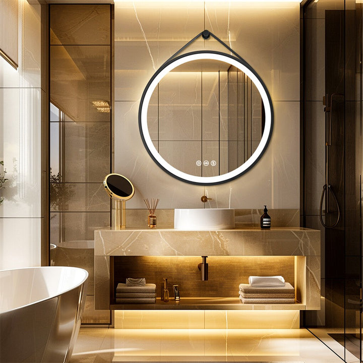 Round LED Bathroom Mirror with Anti-Fog & Black Frame