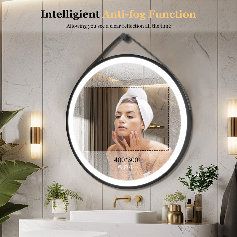 Round LED Bathroom Mirror with Anti-Fog & Black Frame