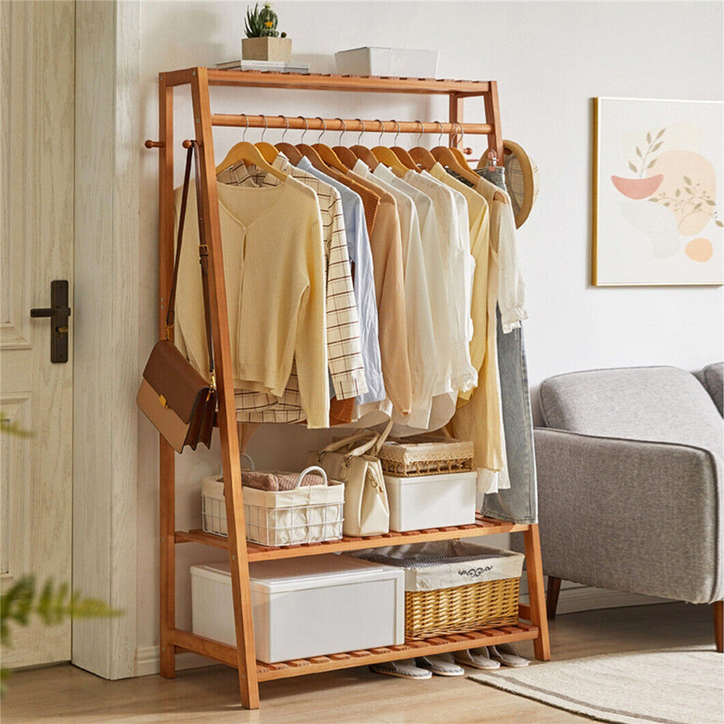 Bamboo Clothes Hanging Garment Rack Portable Laundry Rack Closet Storage Shelves