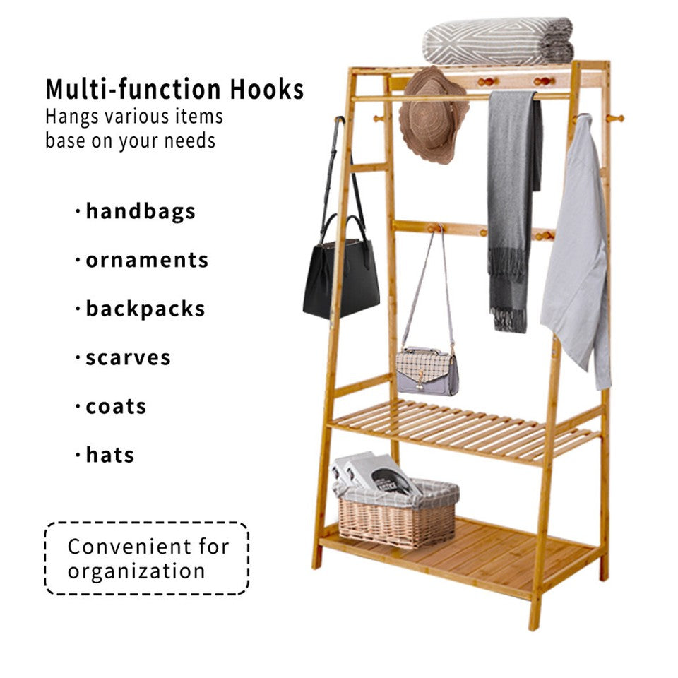 Bamboo Clothes Hanging Garment Rack Portable Laundry Rack Closet Storage Shelves