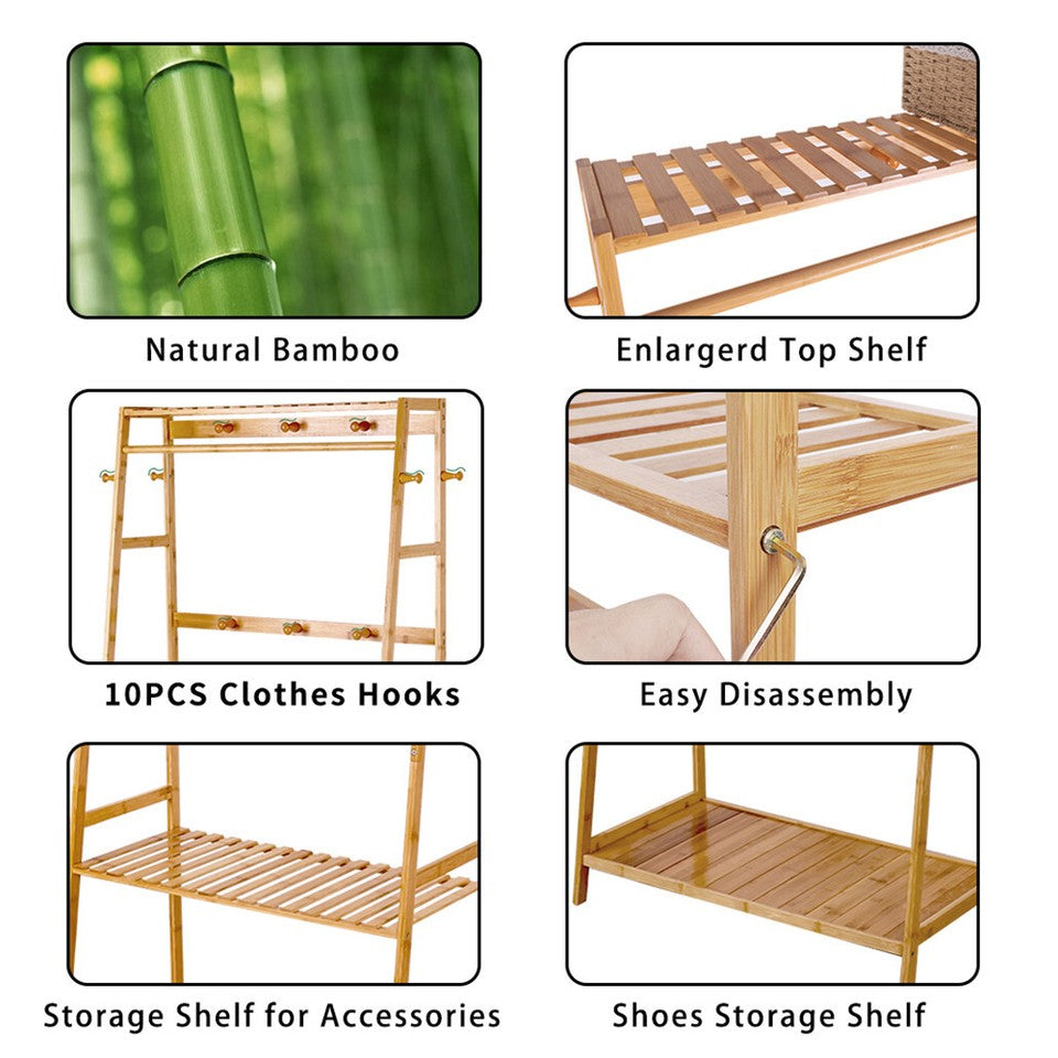 Bamboo Clothes Hanging Garment Rack Portable Laundry Rack Closet Storage Shelves