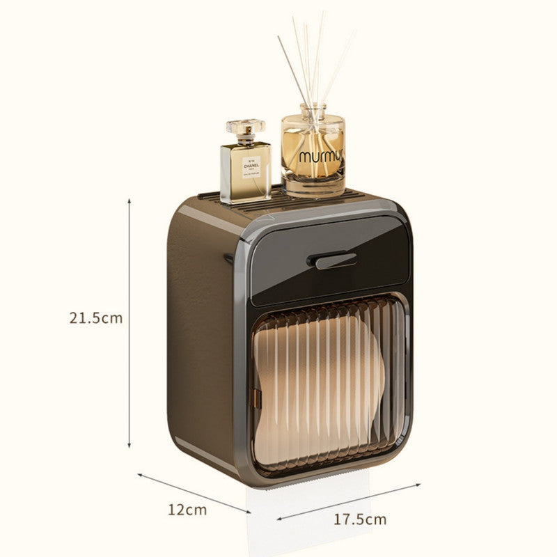 Black No-Drill Wall Mounted Toilet Paper Holder with Storage Shelf and Drawer - Waterproof Bathroom Tissue Dispenser for Roll & Face Tissue