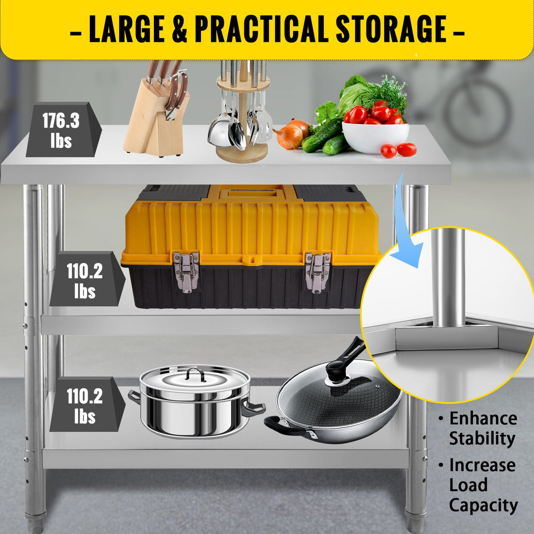 VEVOR Stainless Steel Prep Table, 1520x450x855 mm Commercial Stainless Steel Table