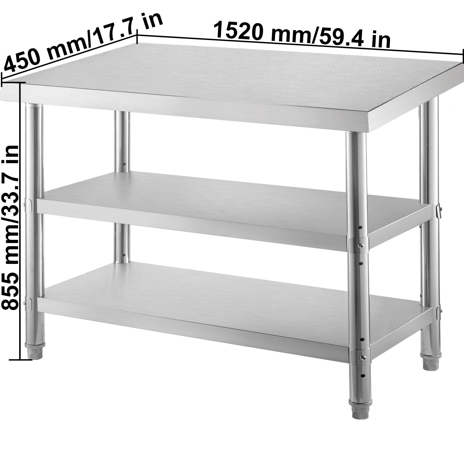 VEVOR Stainless Steel Prep Table, 1520x450x855 mm Commercial Stainless Steel Table