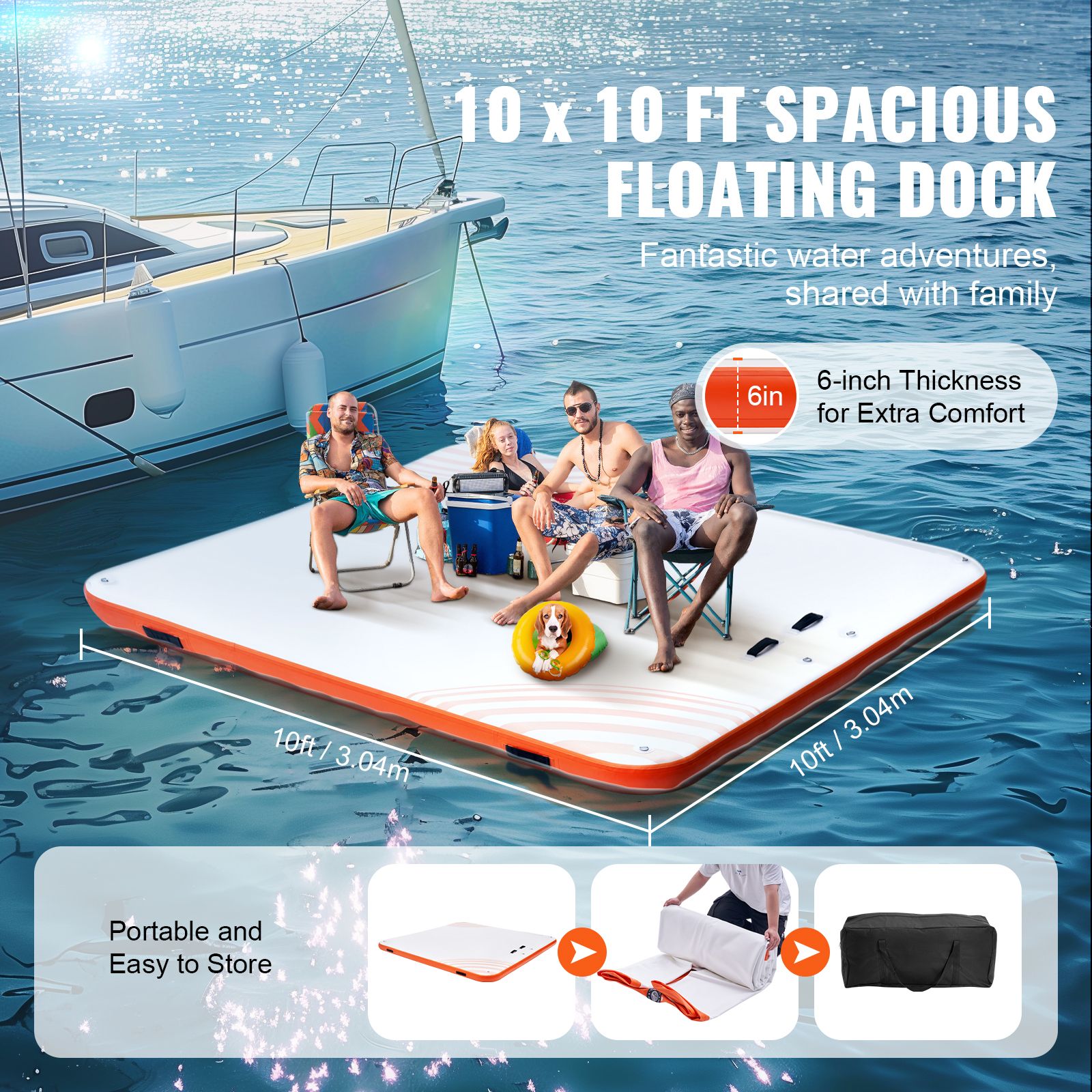 Inflatable Floating Dock, 10 x 10FT Inflatable Dock Platform, Non-Slip Water Floating Dock Mat with Portable Carrying Bag & Detachable Ladder, Floating Platform Island Raft for Pool Beach Ocean