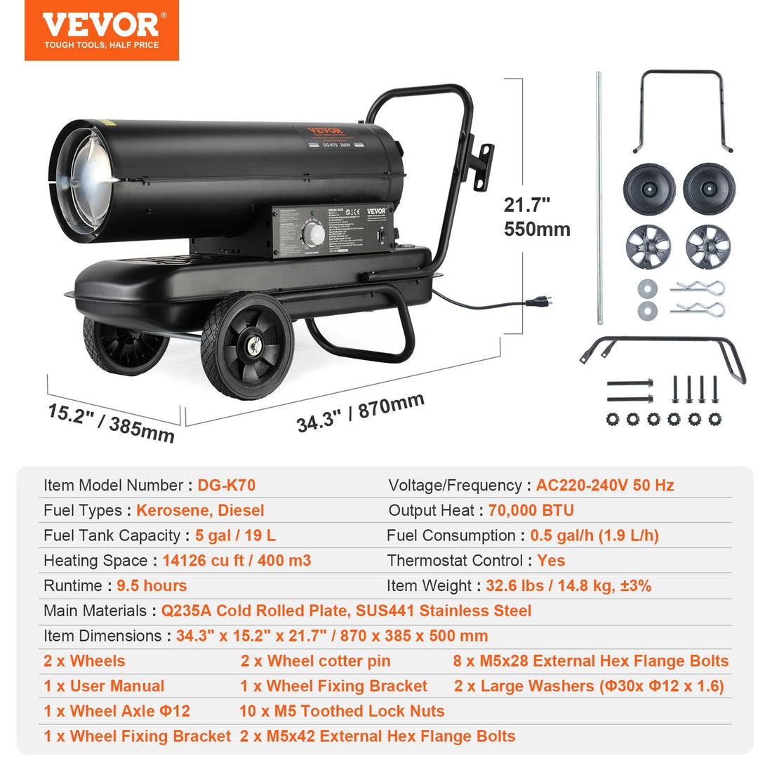 Portable Kerosene Forced Air Heater 70000 BTU Indoor Outdoor Use 5gal Tank