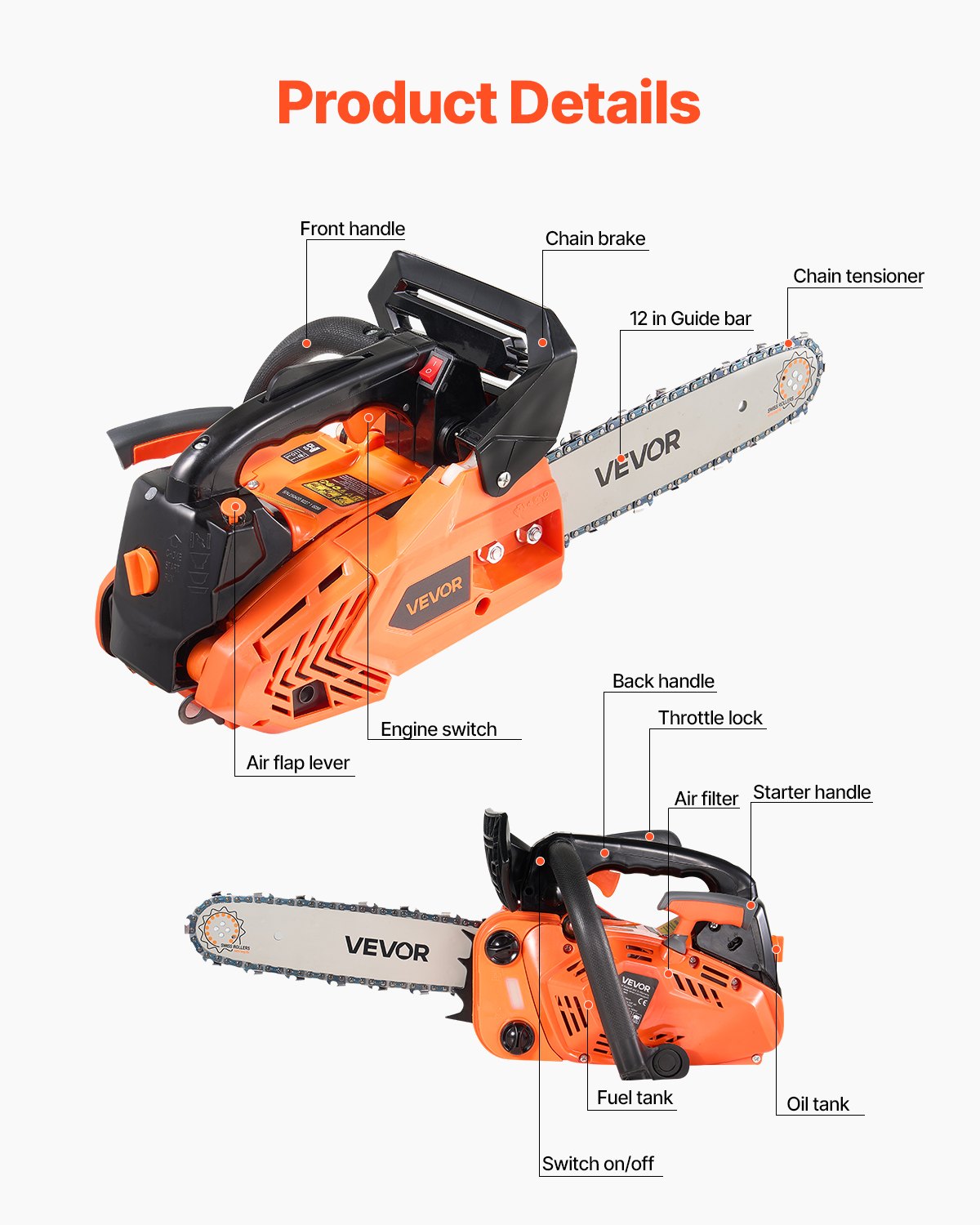 25 cc Gas Chainsaw, 305 mm Gas Powered Chainsaw, 0.75 kW Power Chain Saw with Non-Slip Handle, Gas-Powered Chainsaws with Dual Fuel Tanks, For Wood Cutting, Tree Trimming, and Land Clearing