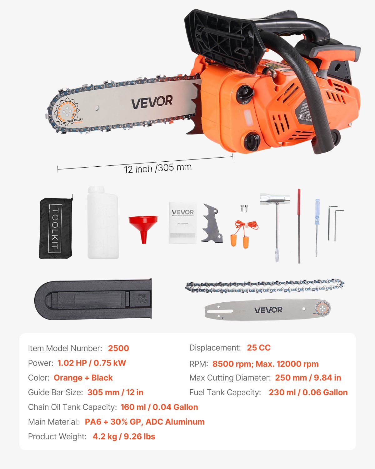 25 cc Gas Chainsaw, 305 mm Gas Powered Chainsaw, 0.75 kW Power Chain Saw with Non-Slip Handle, Gas-Powered Chainsaws with Dual Fuel Tanks, For Wood Cutting, Tree Trimming, and Land Clearing