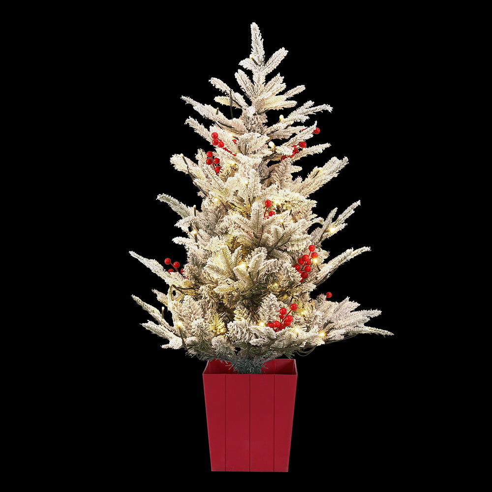 Jingle Jollys Christmas Tree 1M LED Potted Xmas Party Decor Red Barries Flocked