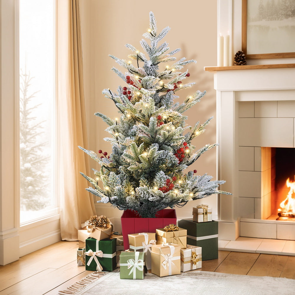 Jingle Jollys Christmas Tree 1M LED Potted Xmas Party Decor Red Barries Flocked