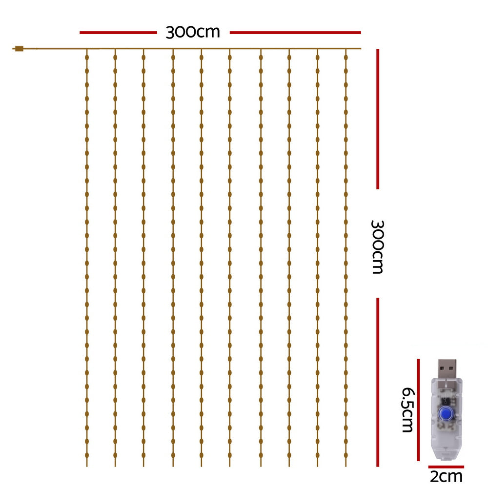 Jingle Jollys 3X3M Christmas Lights Curtain String Light 300 LED Warm White