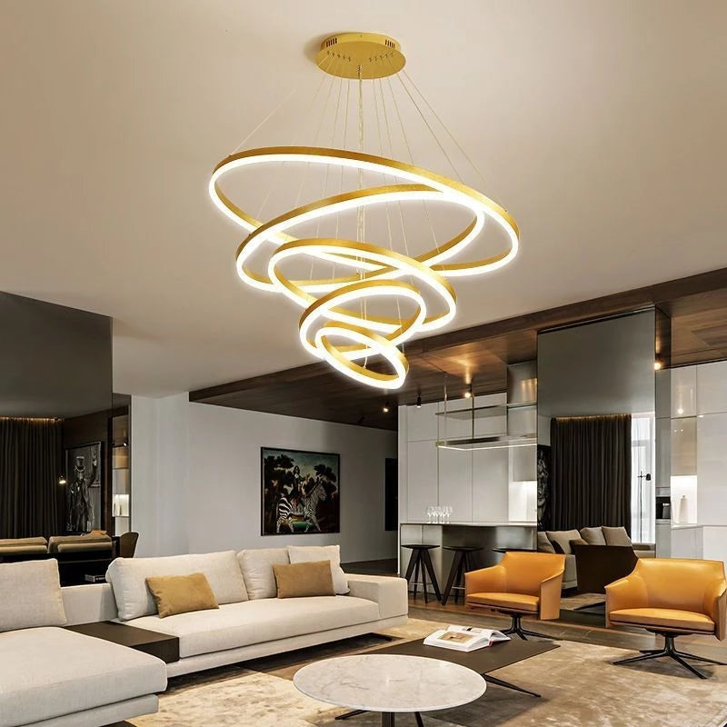 Gold 5 Rings Minimalist LED Pendant Light Adjustable Circular Chandelier
